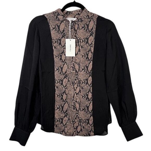 NEW! FRAME Silk Colorblock Blouse Noir Multi Python Print Button Up Size Small - Picture 3 of 12